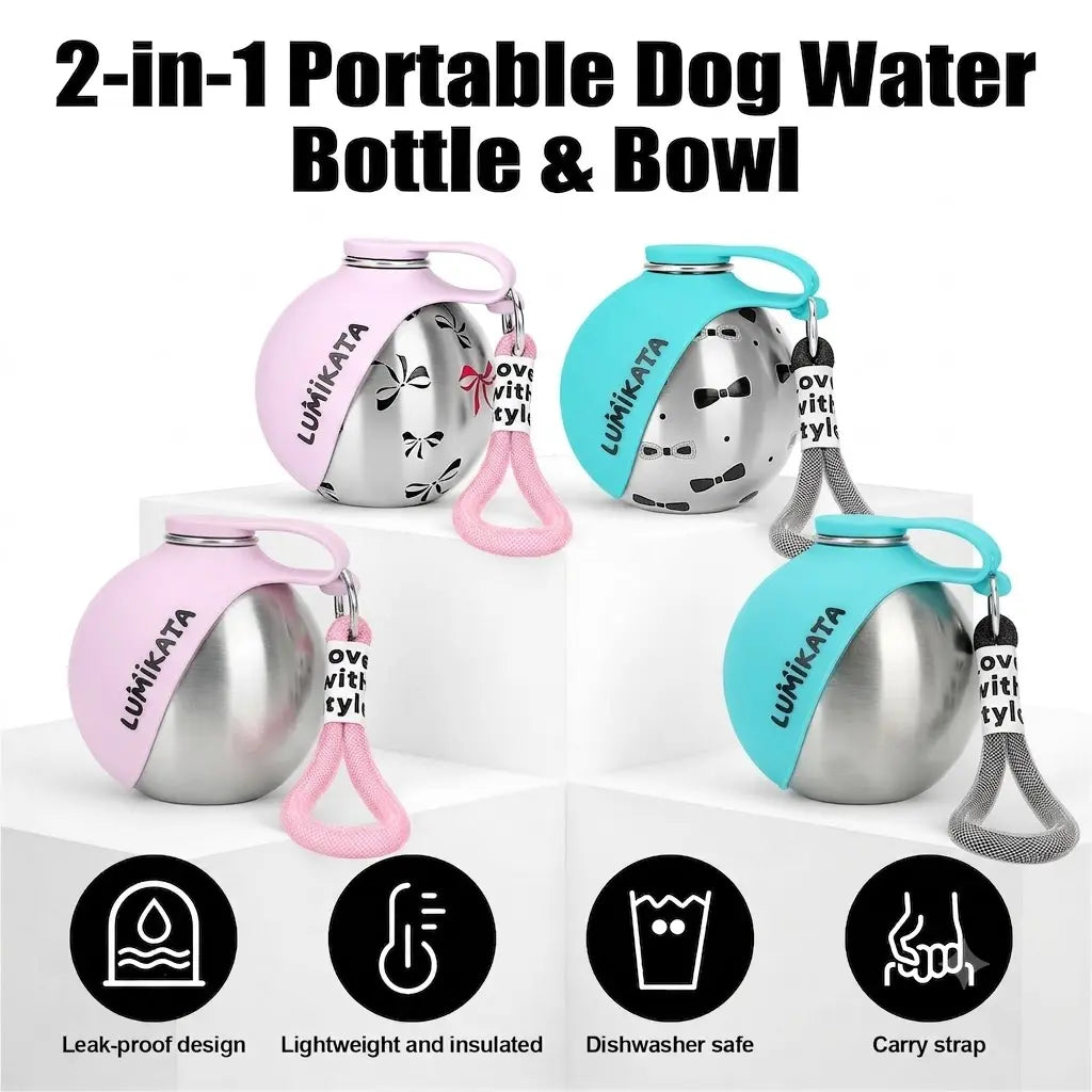 Lumikata 2-in-1 Portable Dog Water Bottle with Stainless Steel and Silicone Foldable Bowl - 10oz Leak-Proof Solution for Small Dogs and Pet Feeding