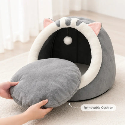 Plush Enclosed Kitten Condo with Warm Fleece Interior, Washable Collapsible Design, and Non-Slip Base Cushion for Indoor Cats