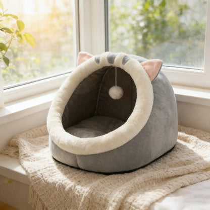 Plush Enclosed Kitten Condo with Warm Fleece Interior, Washable Collapsible Design, and Non-Slip Base Cushion for Indoor Cats