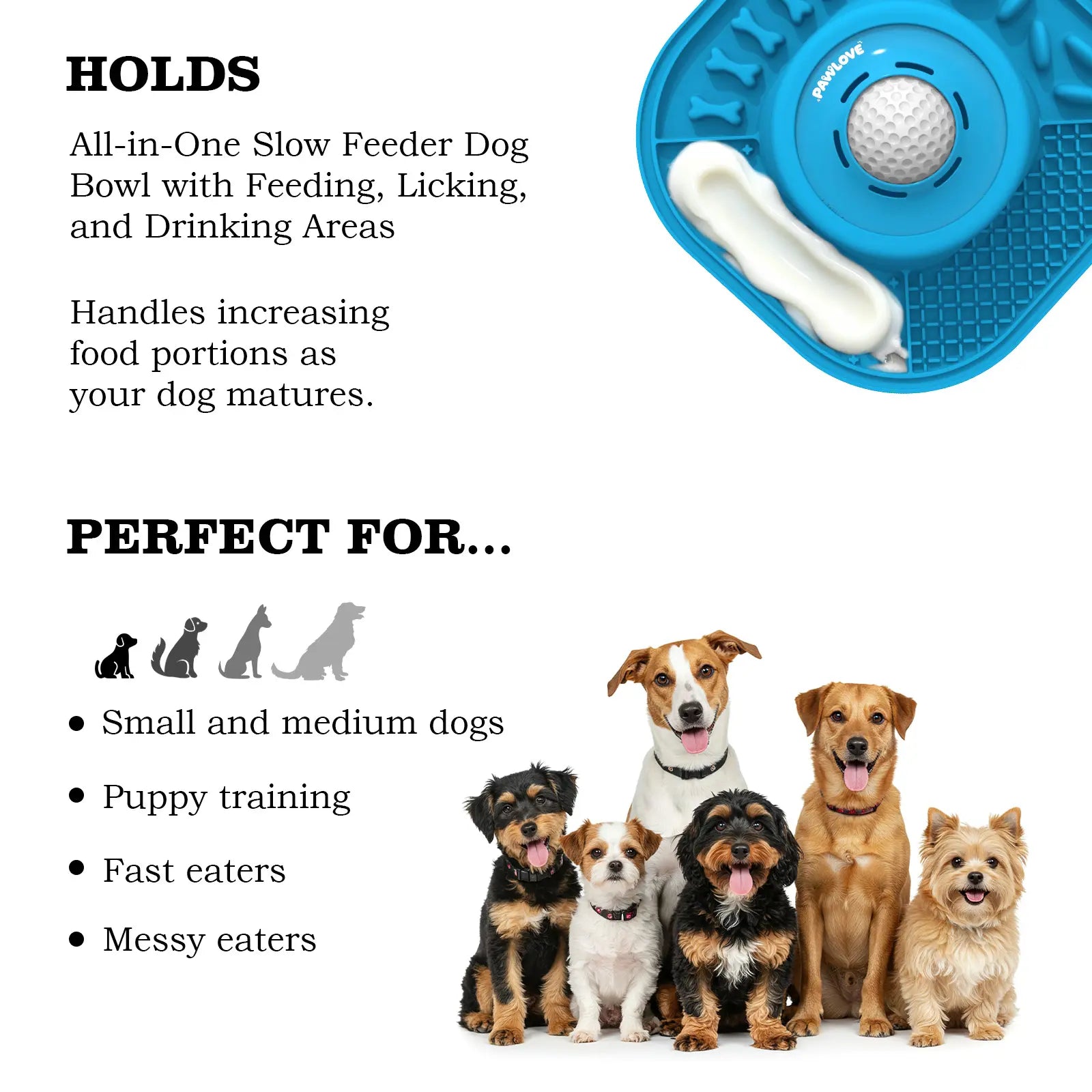 Pawlove Slow Feeder Dog Bowl with Ball-In Design - Neater Feeding Solution, 3/4 Cup Food-Grade Licking Bowl, Anti-Slip Rubber Base, Splash-Reducing Ball Movement, Bone Broth Compatible, Dishwasher Safe, Supports Puppy Anxiety Relief