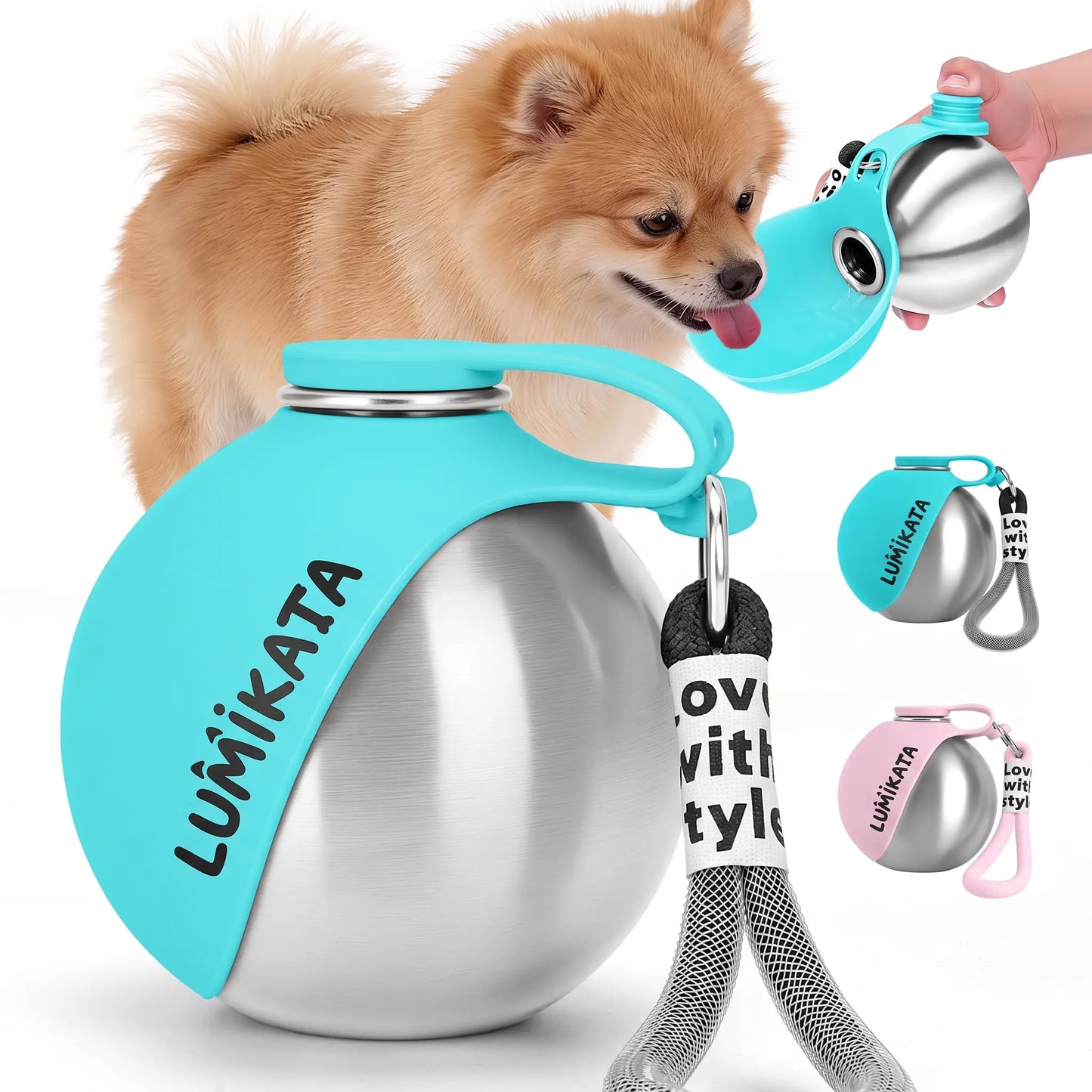 Lumikata 2-in-1 Portable Dog Water Bottle with Stainless Steel and Silicone Foldable Bowl - 10oz Leak-Proof Solution for Small Dogs and Pet Feeding