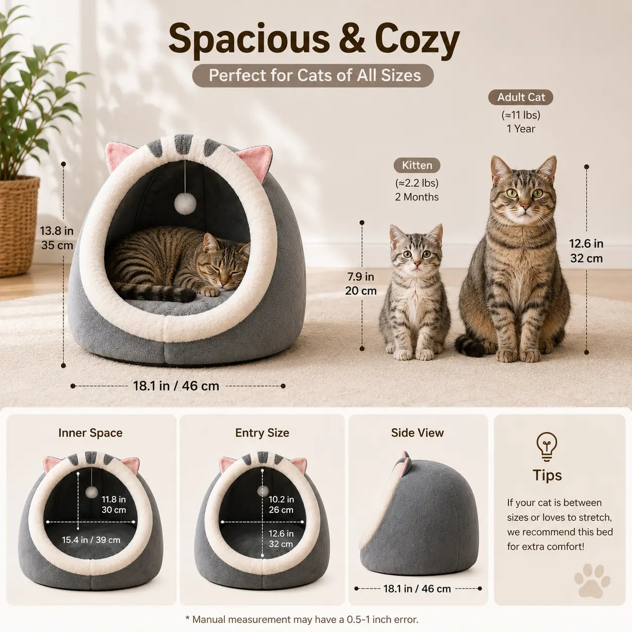 Plush Enclosed Kitten Condo with Warm Fleece Interior, Washable Collapsible Design, and Non-Slip Base Cushion for Indoor Cats
