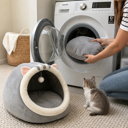 Plush Enclosed Kitten Condo with Warm Fleece Interior, Washable Collapsible Design, and Non-Slip Base Cushion for Indoor Cats