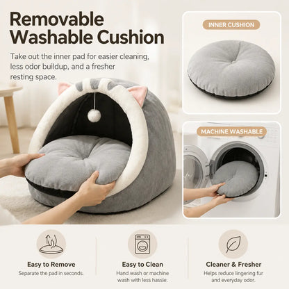 Plush Enclosed Kitten Condo with Warm Fleece Interior, Washable Collapsible Design, and Non-Slip Base Cushion for Indoor Cats