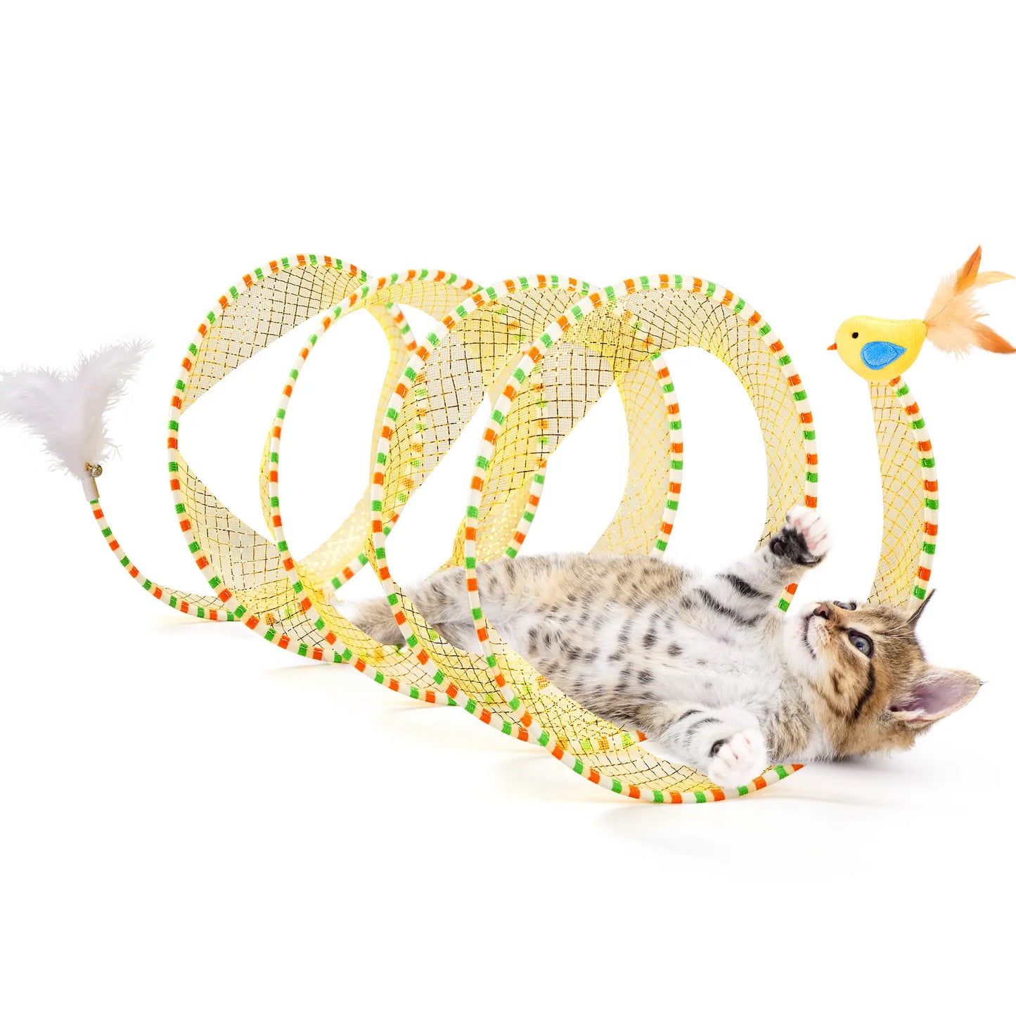 Potaroma 20-Inch Collapsible Spiral Cat Tunnel Toy with Feather and Bell for Indoor Kittens and Cats