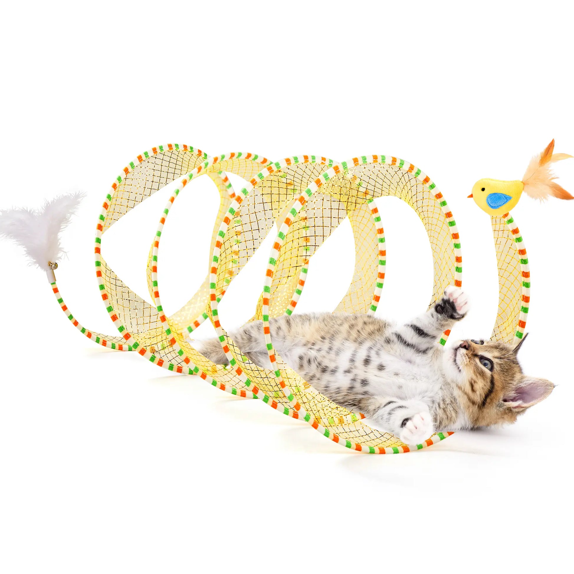 Potaroma 20-Inch Collapsible Spiral Cat Tunnel Toy with Feather and Bell for Indoor Kittens and Cats