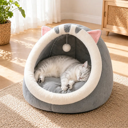 Plush Enclosed Kitten Condo with Warm Fleece Interior, Washable Collapsible Design, and Non-Slip Base Cushion for Indoor Cats