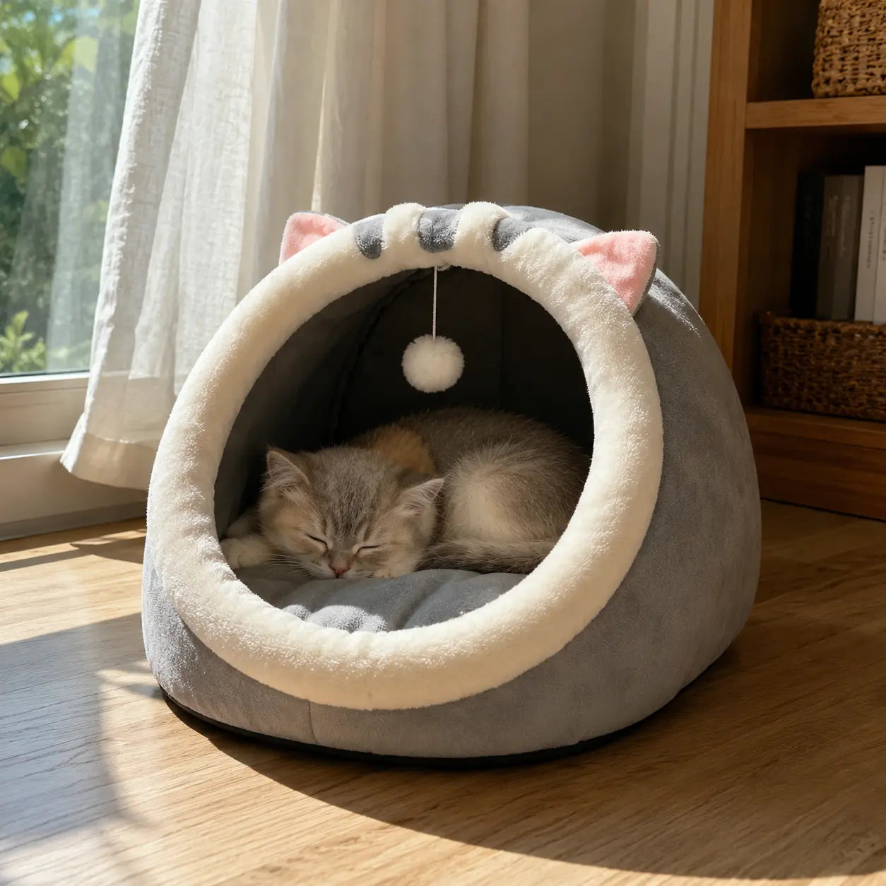 Plush Enclosed Kitten Condo with Warm Fleece Interior, Washable Collapsible Design, and Non-Slip Base Cushion for Indoor Cats