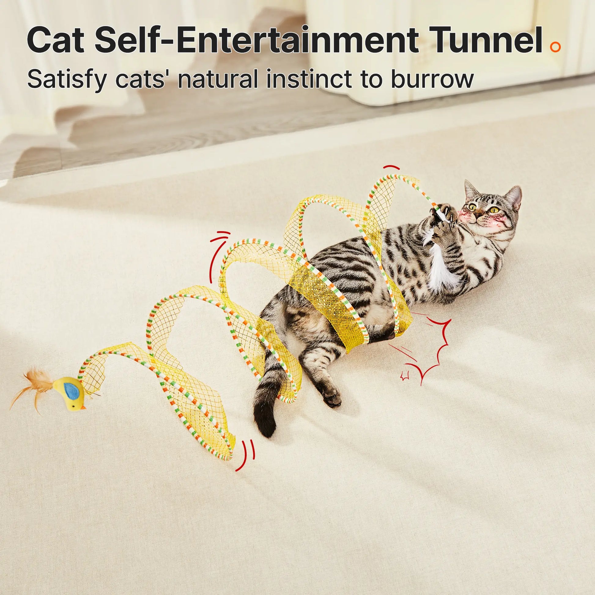 Potaroma 20-Inch Collapsible Spiral Cat Tunnel Toy with Feather and Bell for Indoor Kittens and Cats