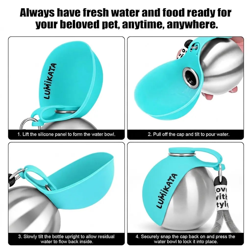 Lumikata 2-in-1 Portable Dog Water Bottle with Stainless Steel and Silicone Foldable Bowl - 10oz Leak-Proof Solution for Small Dogs and Pet Feeding